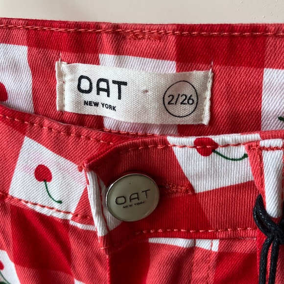 OAT Red Checkered Cherry Print High Waist Wide-Leg Pants Women’s Size 2/26 NWT - Picture 2 of 8